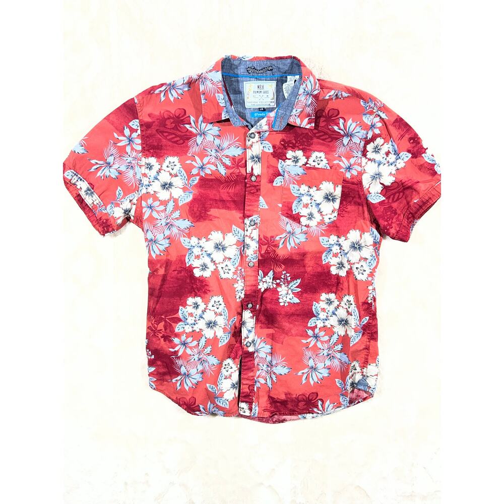 Mens Large Hawaiian Shirt Red Floral Tropical Button Up Cotton